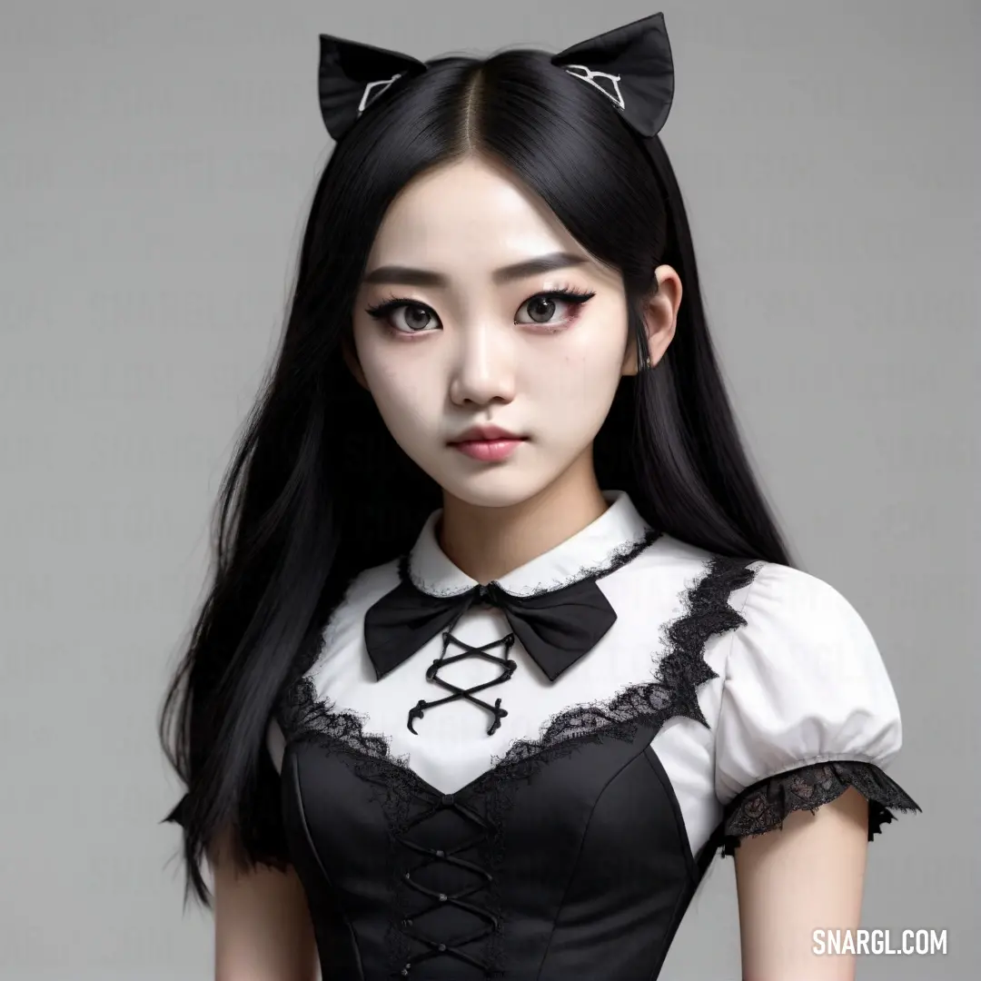 Woman with long black hair wearing a black and white dress and a cat ears headpiece