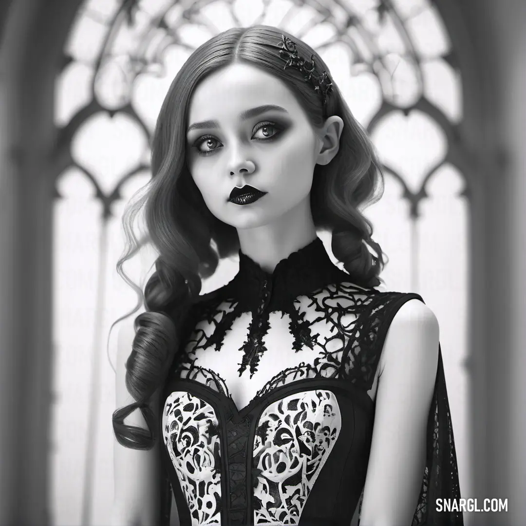 Woman with long hair wearing a black and white corset and a gothic look