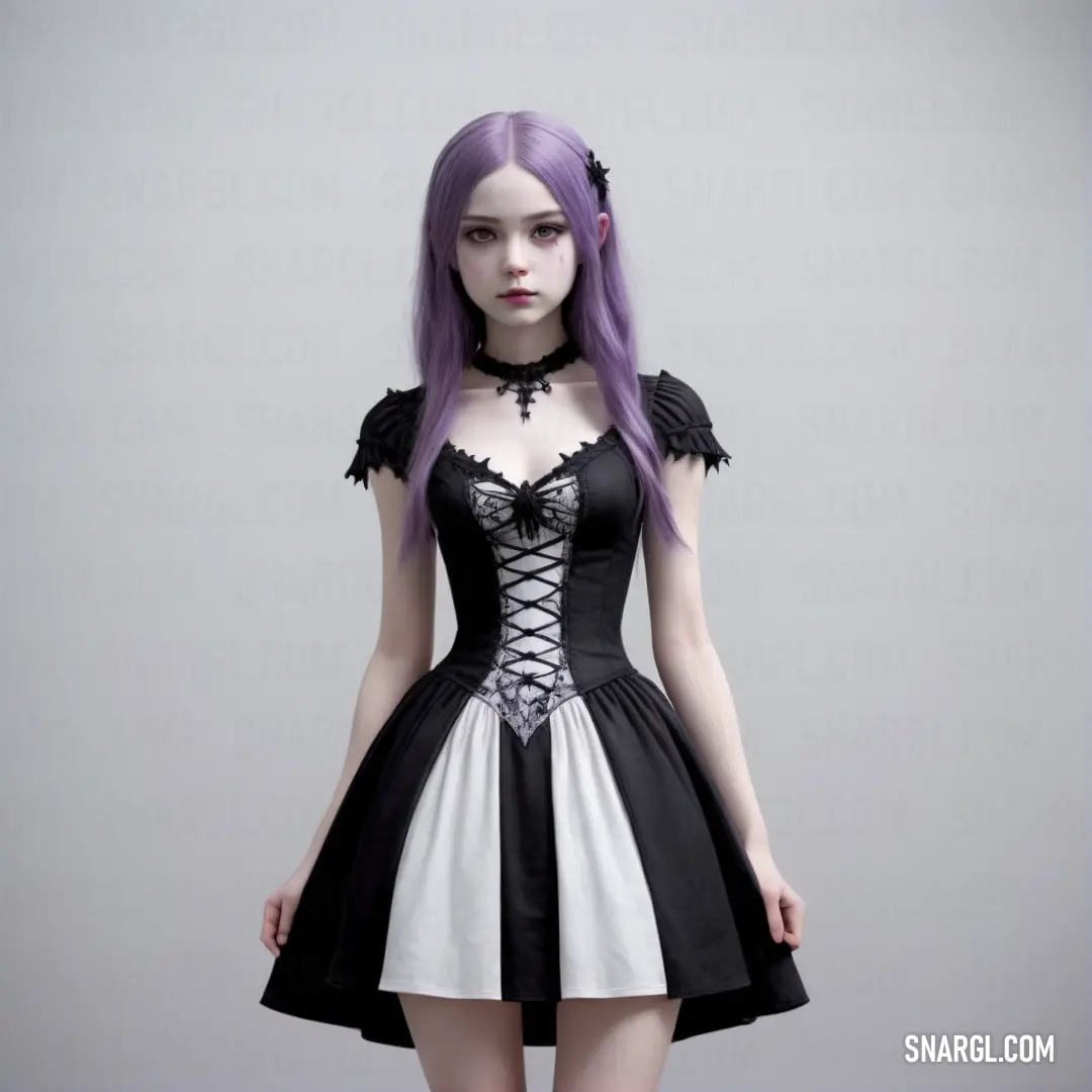 Woman with purple hair wearing a black and white dress with laces on the top of her skirt
