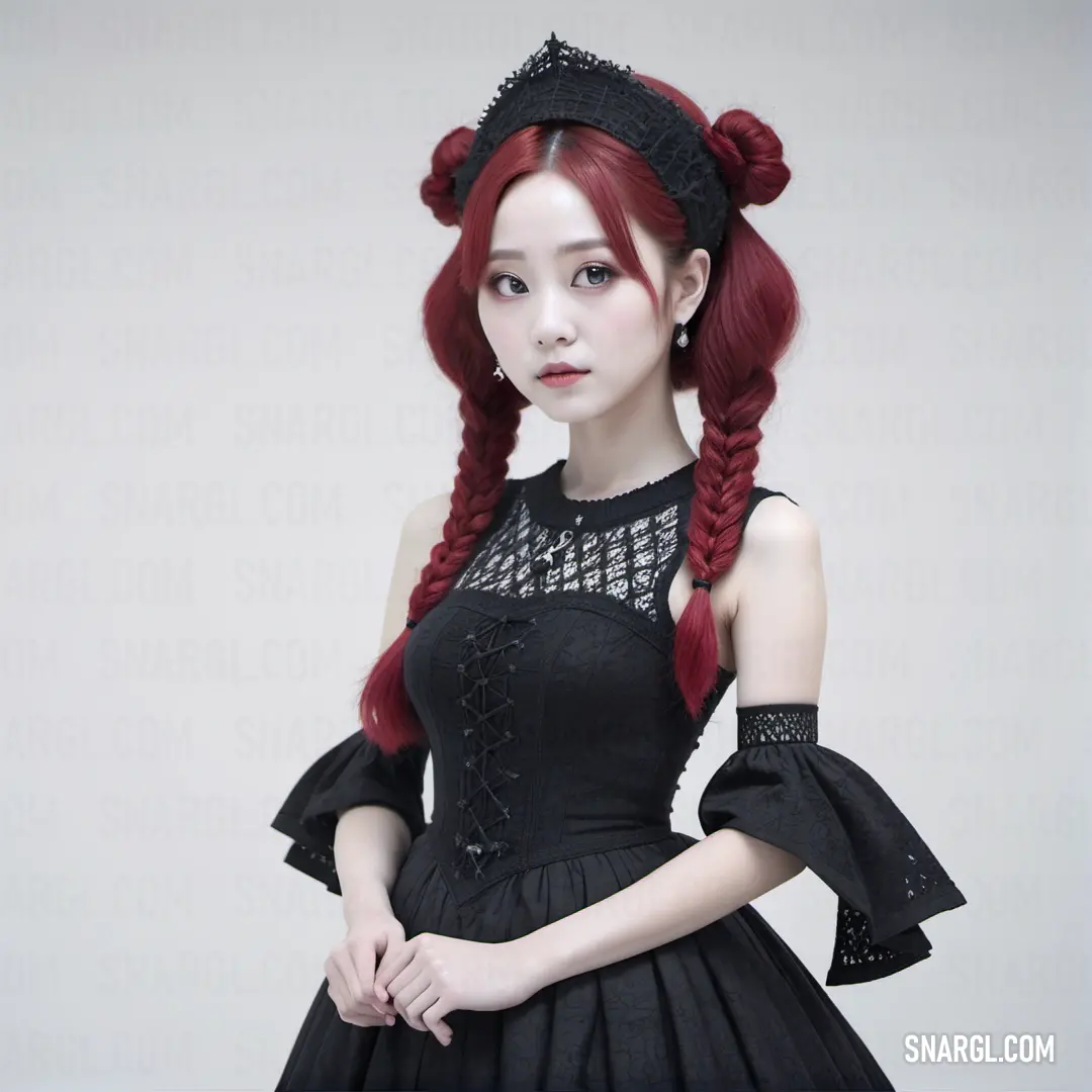 Woman with red hair wearing a black dress and a hat with a bow on it's head