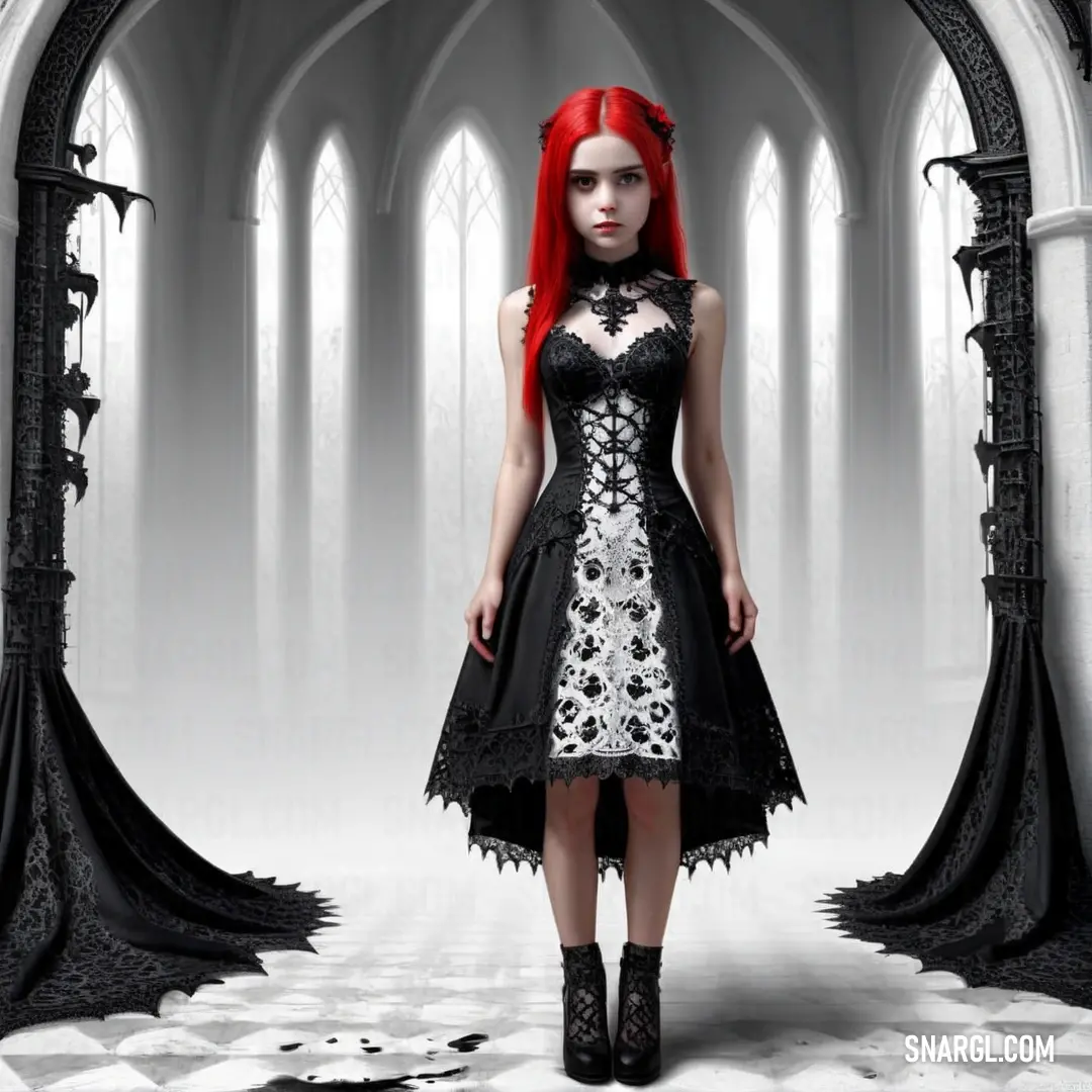 Woman with red hair wearing a black and white dress and black boots in a gothic - themed archway