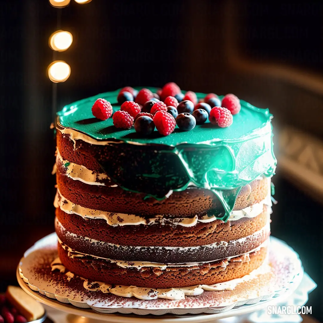 Cake with berries on top of it on a plate with a lite up background