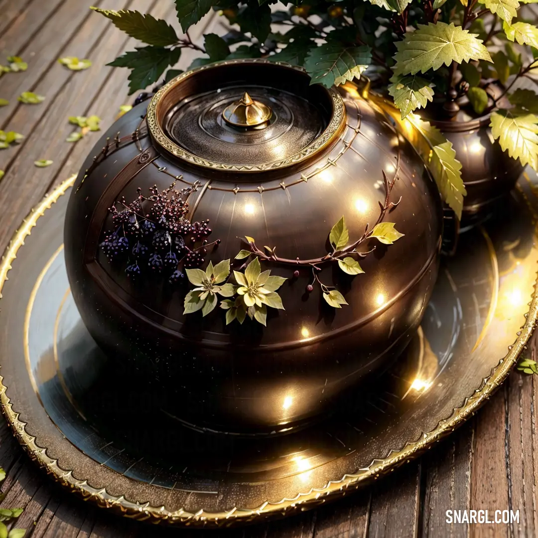 Decorative teapot with a candle on a plate next to a potted plant on a table with leaves