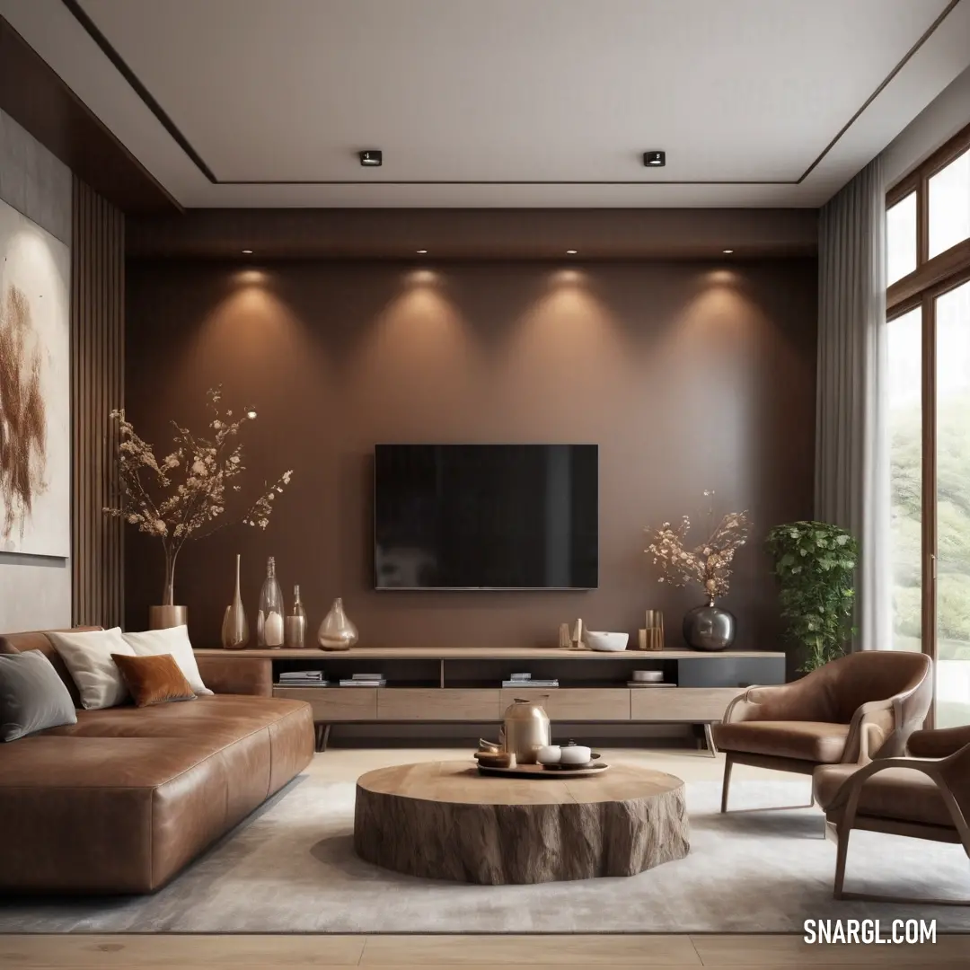 Living room with a large tv and a couch and chairs in it and a table with a vase on it. Example of Wenge color.