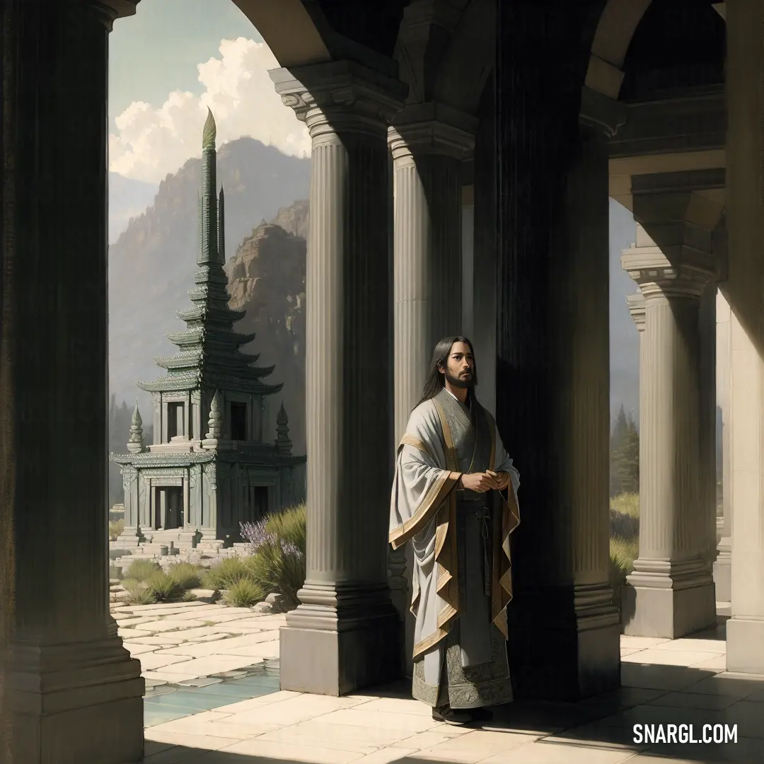 Painting of a man standing in a courtyard with columns and a building in the background with mountains in the distance