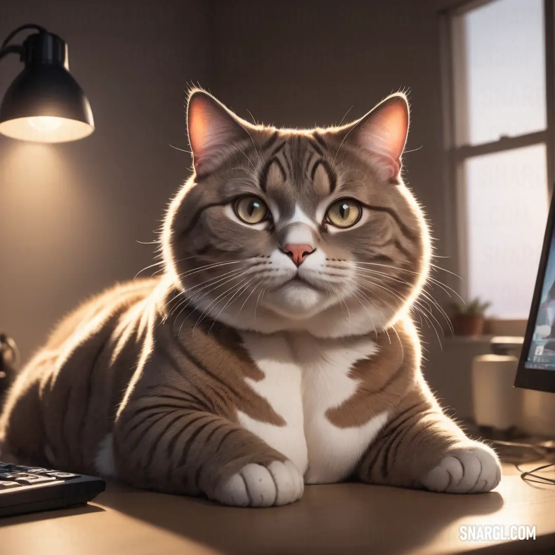 Cat on a desk next to a computer monitor and keyboard with a person on the screen in the background. Color CMYK 0,16,18,61.