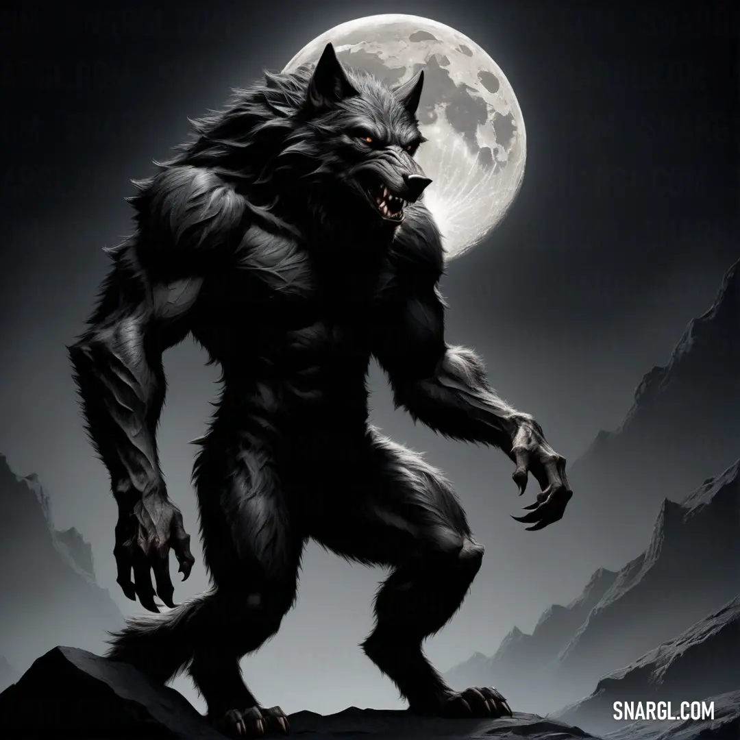 Big furry Werewolf standing on a rock with a full moon in the background