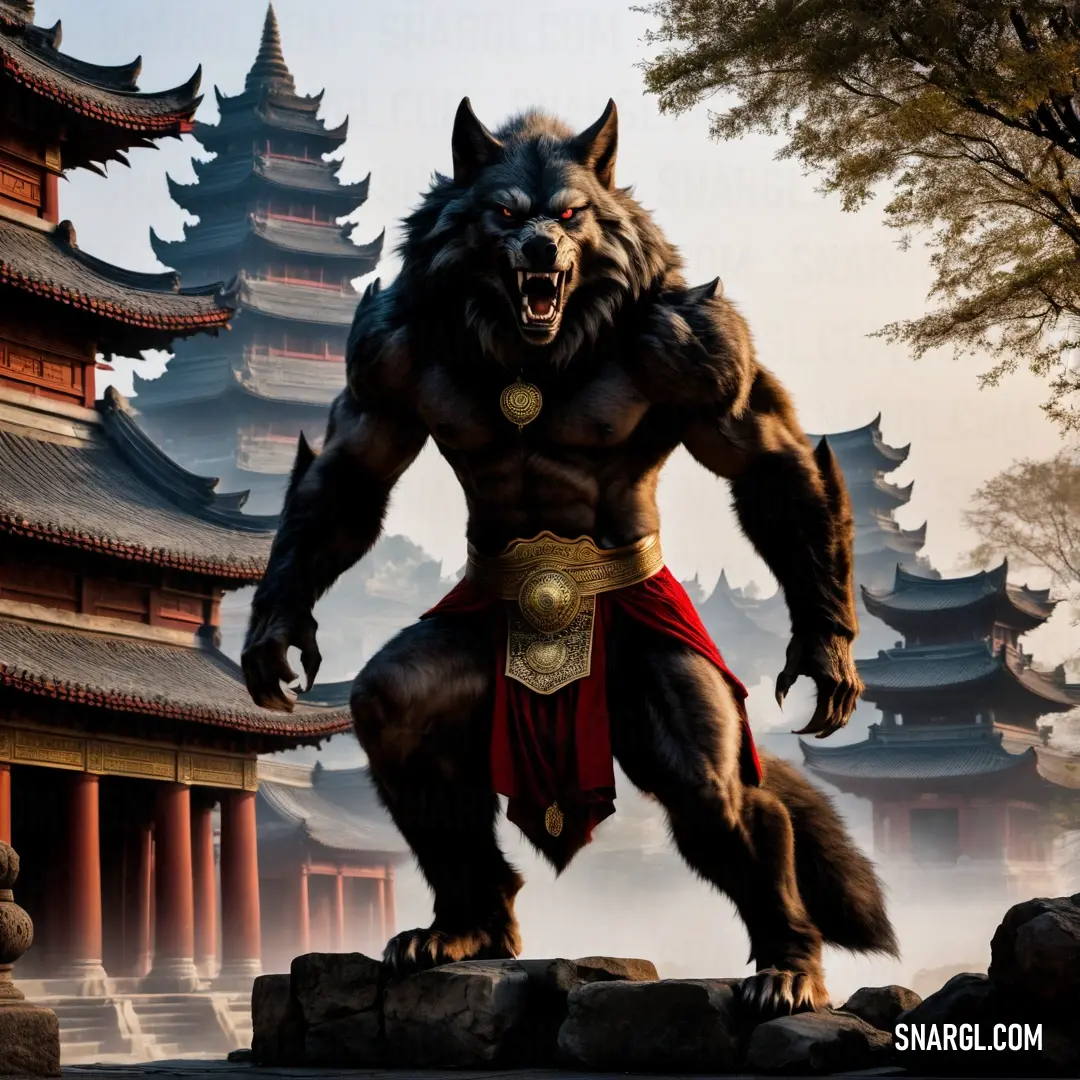 Big furry Werewolf standing in front of a building with a lot of pagodas in the background