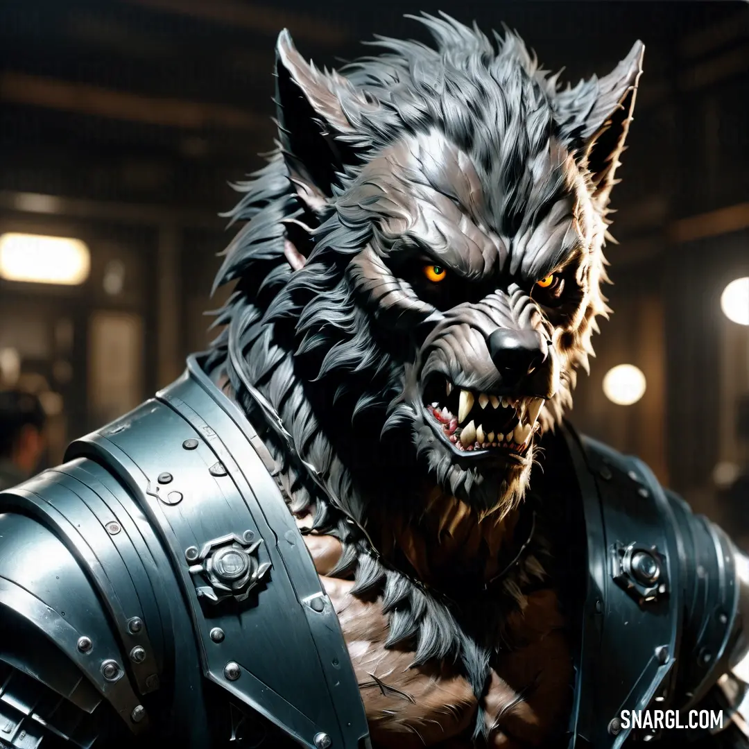 Close up of a Werewolf wearing a costume and a wolf mask with a chain around his neck and a collar