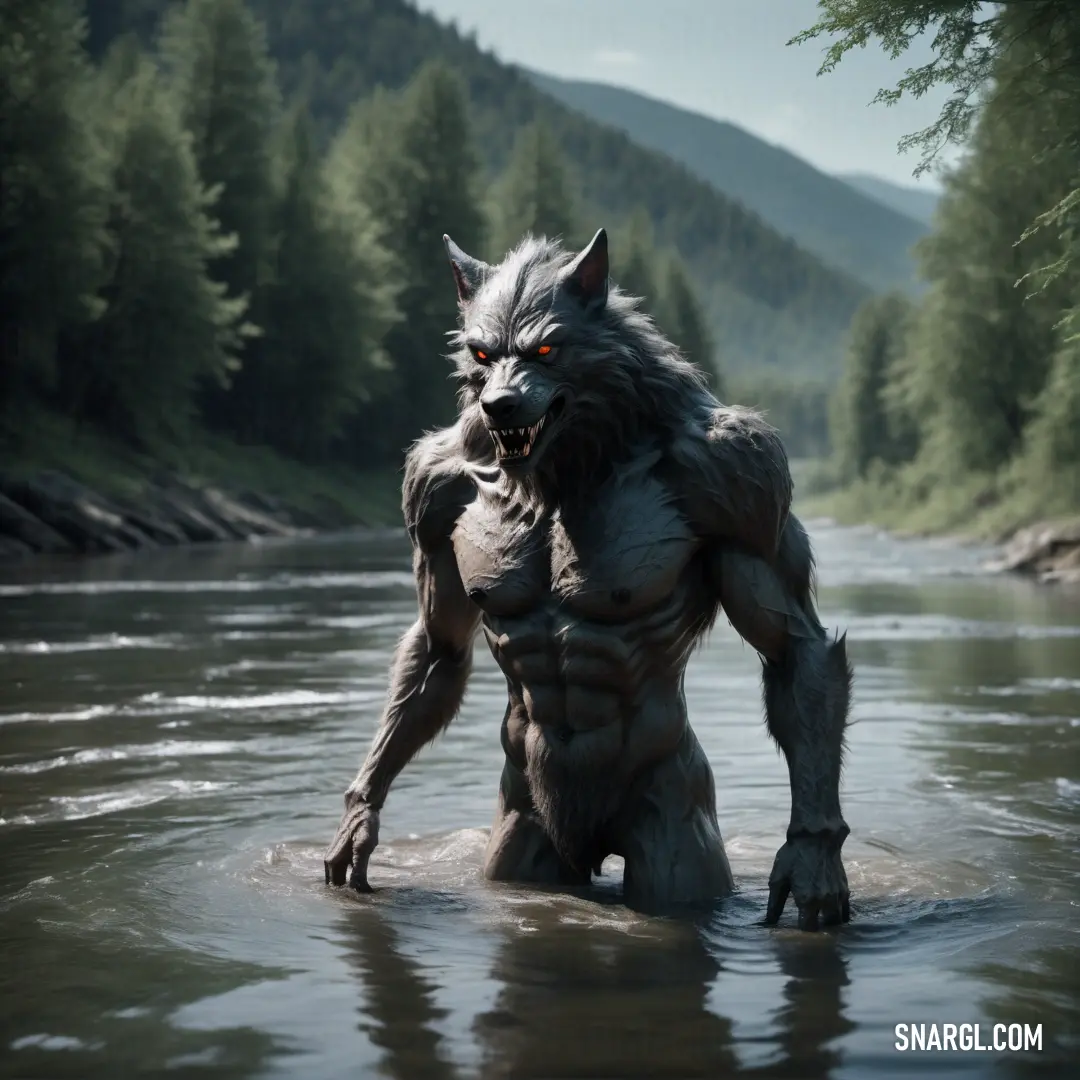 Werewolf with a massive body standing in a river with trees in the background and a mountain range in the distance