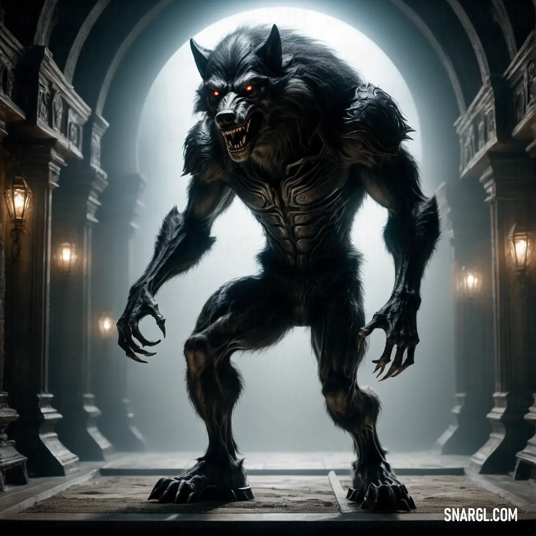 Demonic looking Werewolf standing in a doorway with a light on it's face and a lantern in the background