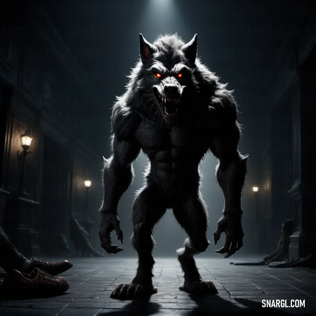 Demonic looking wolf standing in a dark room with a Werewolf on the floor in front of it