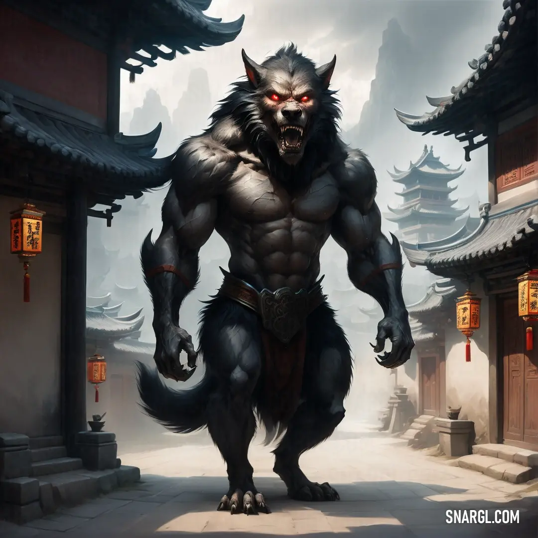 Demonic looking wolf standing in a courtyard with a lantern in its mouth and a building in the background