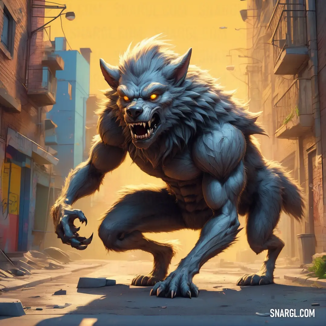 Furry Werewolf with yellow eyes and a large mouth is standing in a city street with buildings