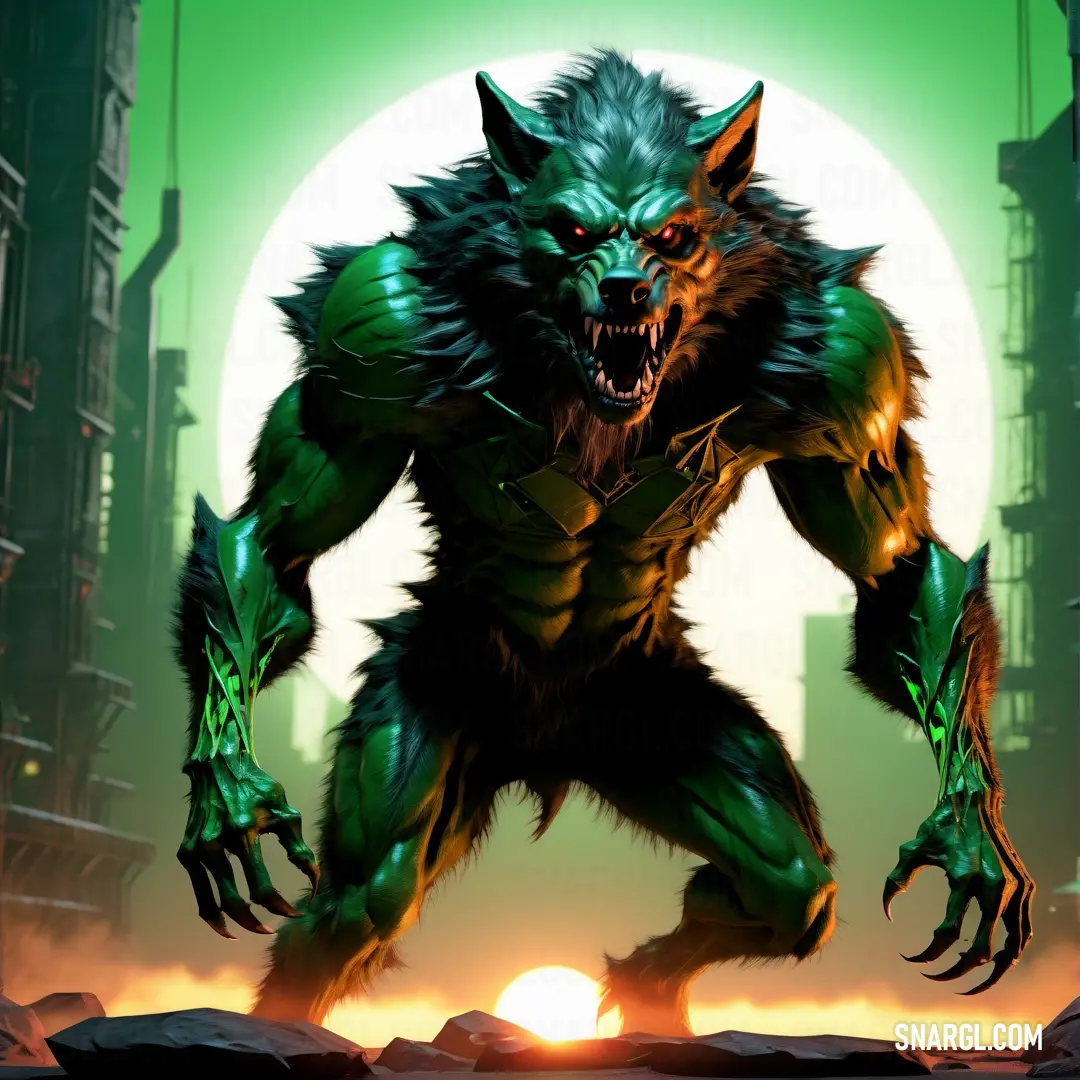 Green and black wolf standing in front of a green and yellow moon with a city in the background