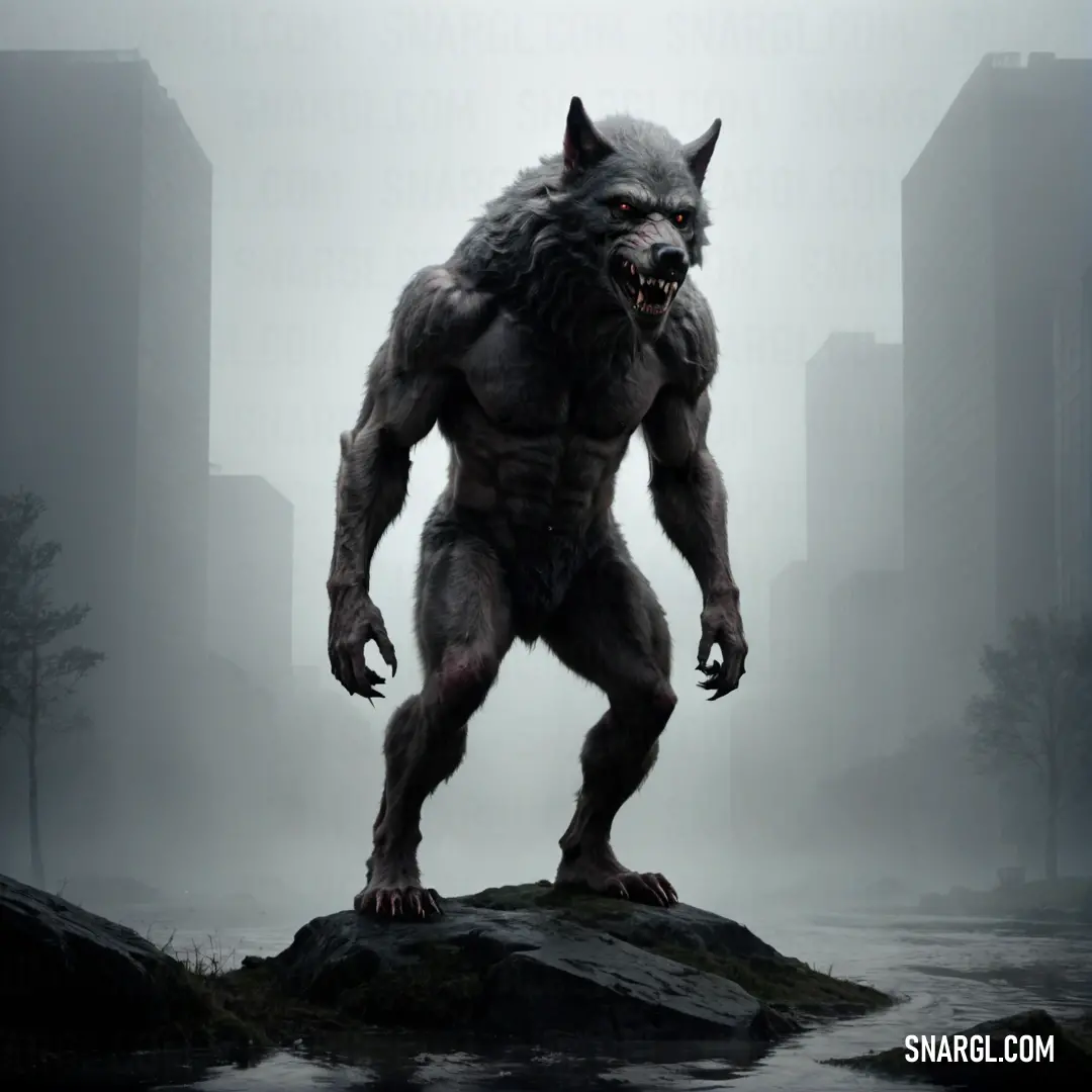 Large furry Werewolf standing on a rock in a foggy city area with tall buildings in the background