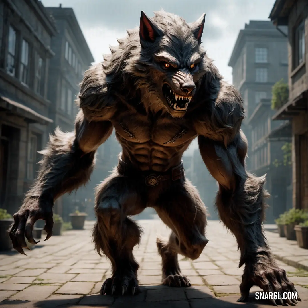 Large furry Werewolf standing on a brick road in a city street with buildings in the background