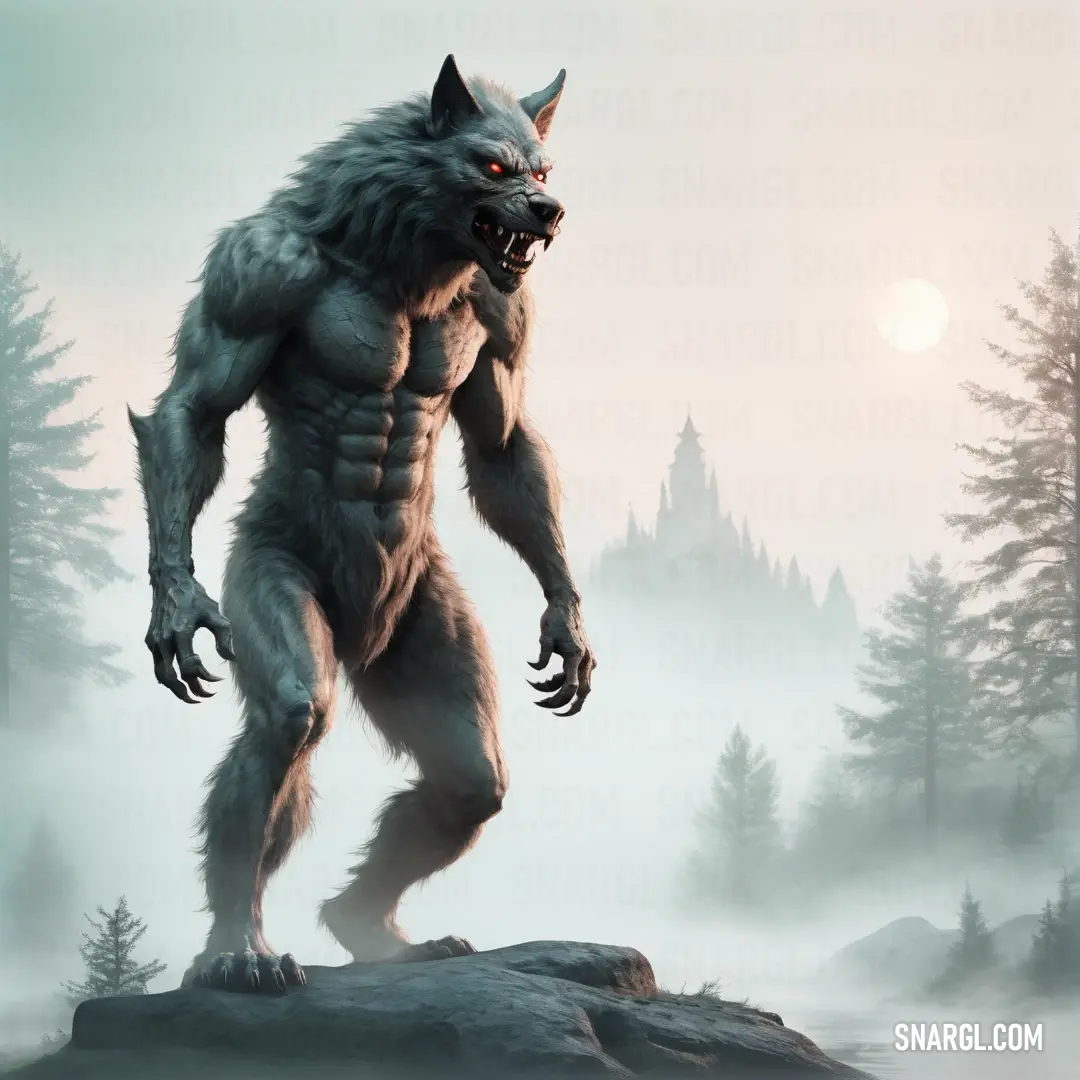 Large furry Werewolf standing on a rock in a forest with a full moon in the background and fog