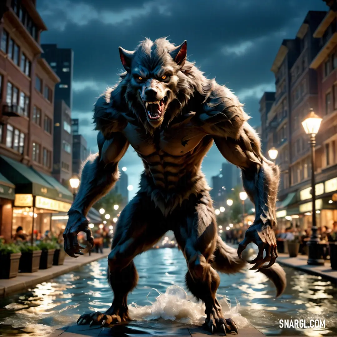 Large furry Werewolf standing in the middle of a street at night with a city in the background
