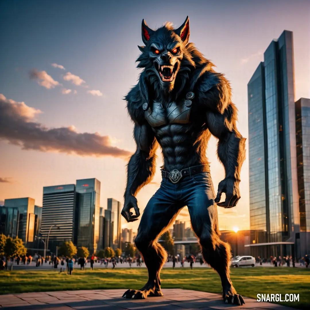 Werewolf in a costume standing in a park with a wolf like body and head on his chest and hands on his hips