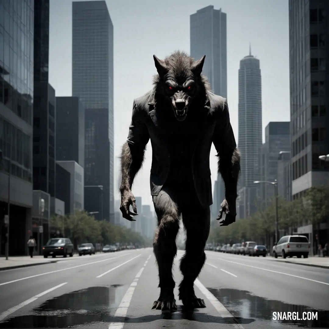 Man in a Werewolf suit walking down a street in front of tall buildings with a city skyline in the background