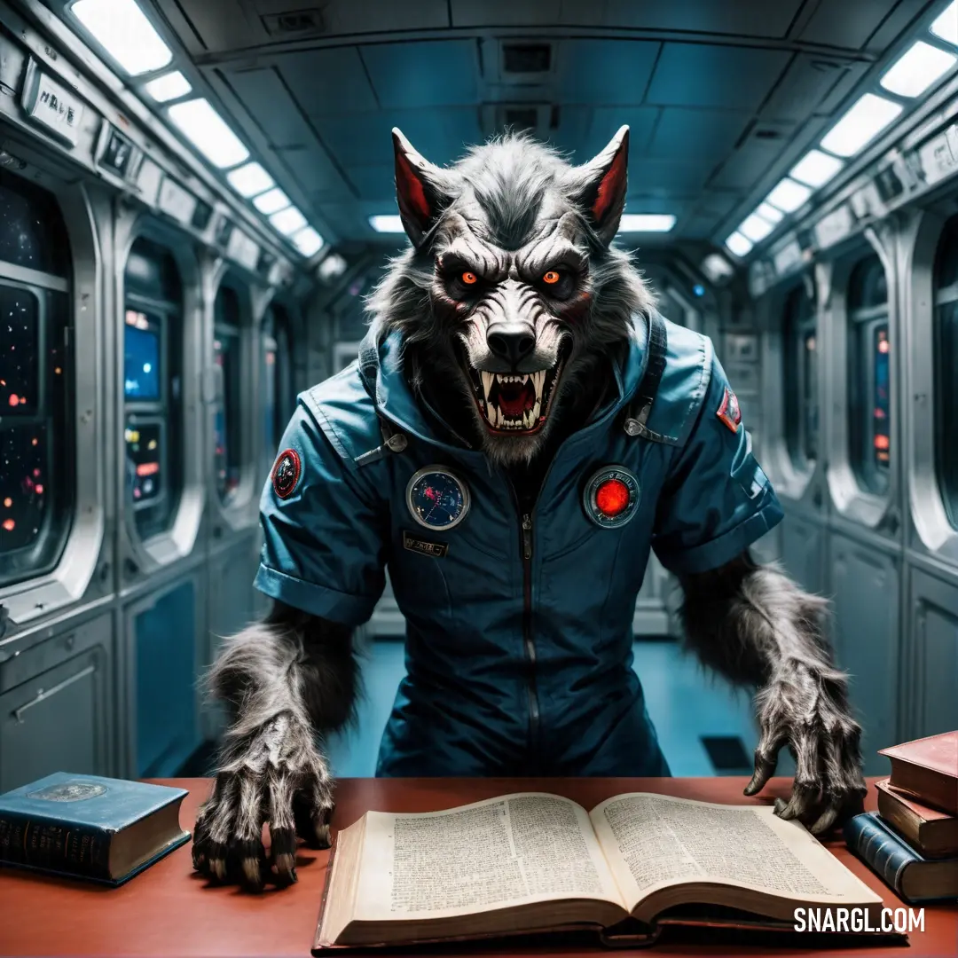 Werewolf in a space suit with a book and a wolf mask on his face
