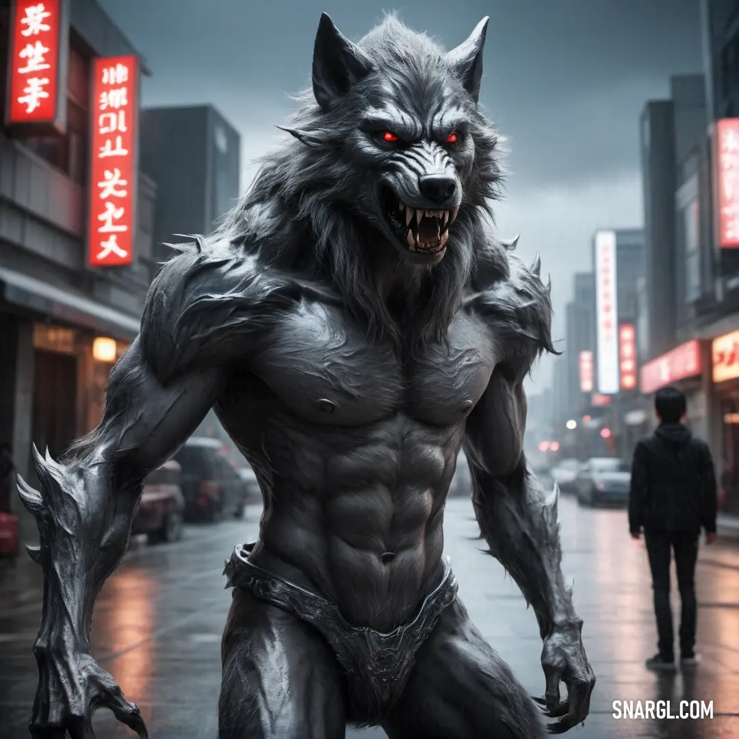 Man in a wolf costume walking down a street in the rain with a Werewolf like face on his chest