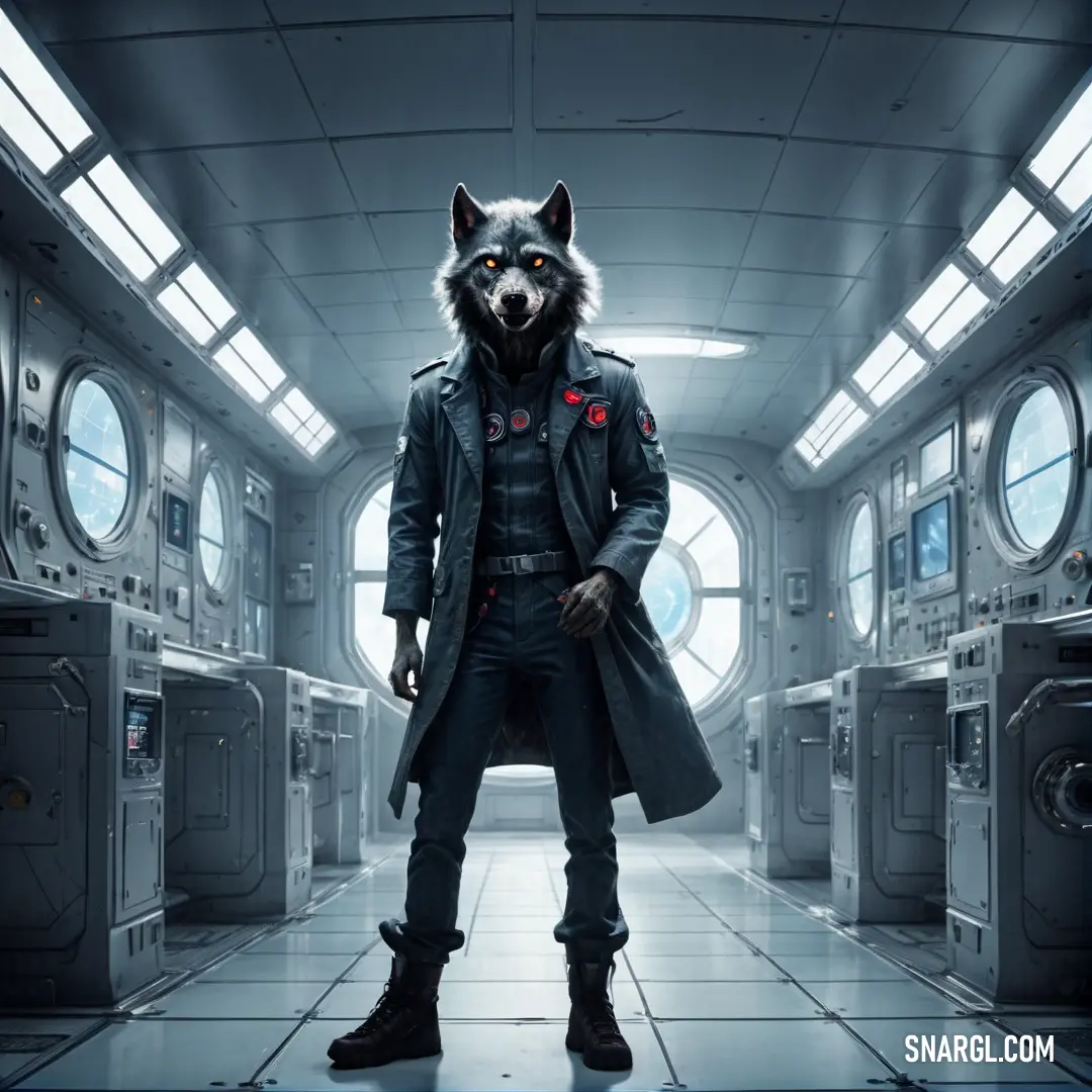 Werewolf in a wolf mask and trench coat standing in a room with lots of machines and windows in the background