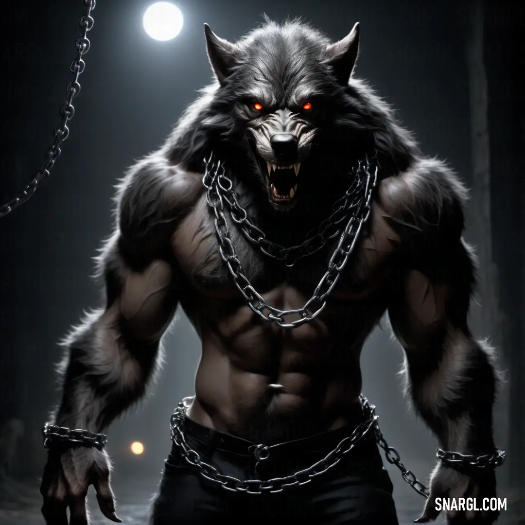 Werewolf with chains around his neck and a wolf face on his chest