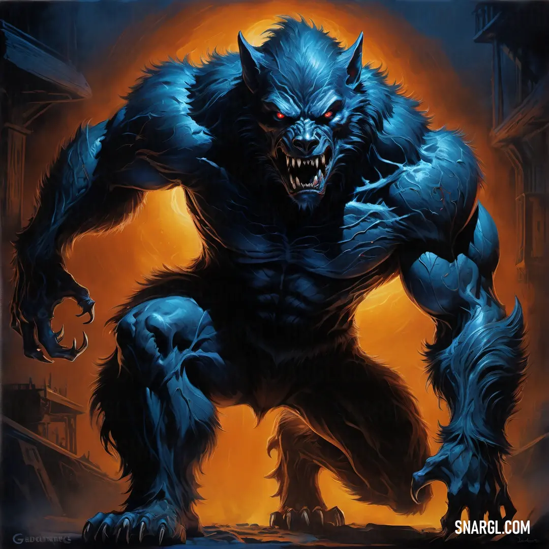 Painting of a monster with a Werewolf like face and claws on it's body