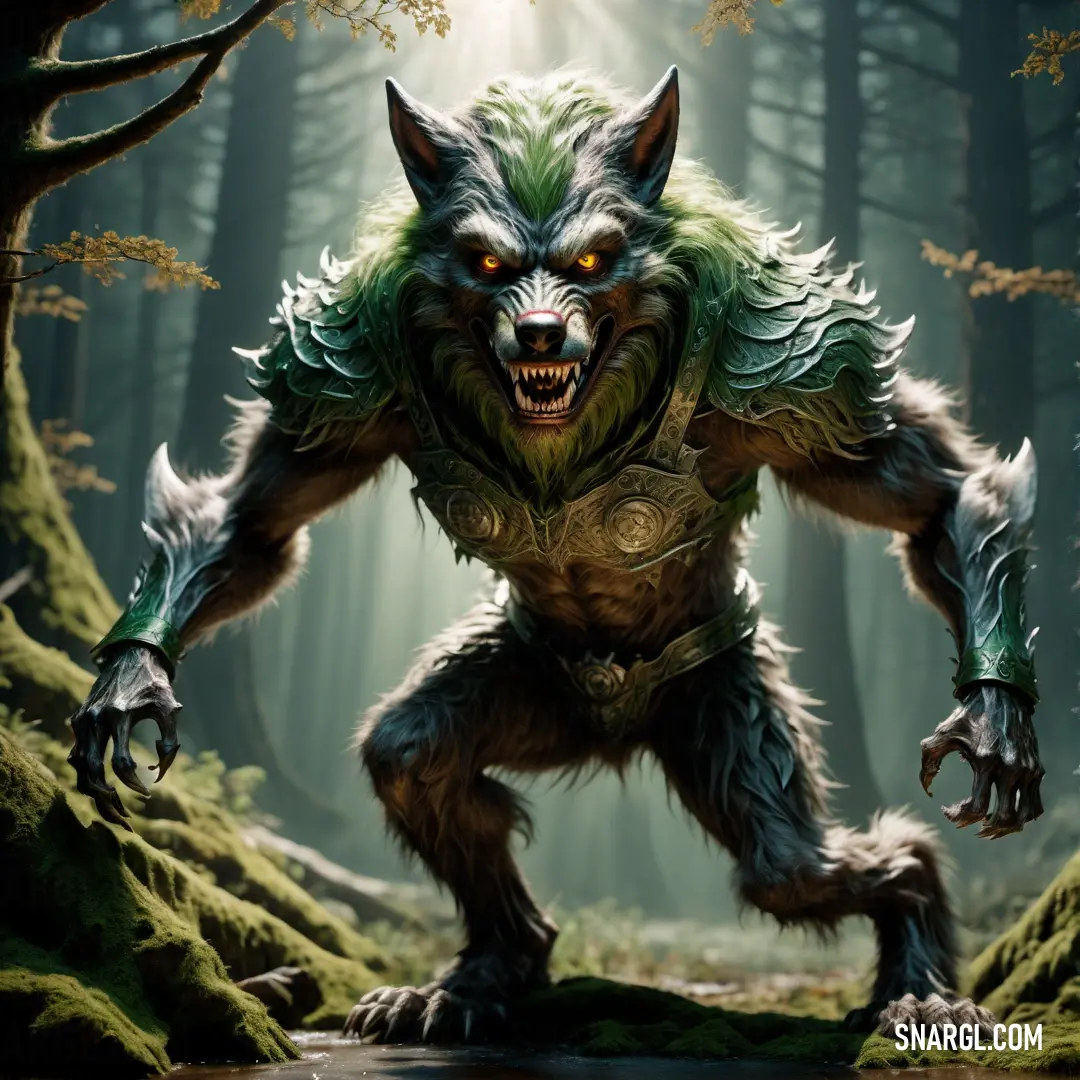 Painting of a wolf in a forest with a light shining through the trees and a Werewolf standing on a rock