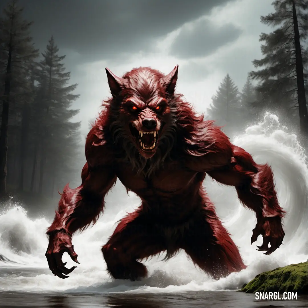 Red furry Werewolf is in the water near a forest and a rock with a large claw on it