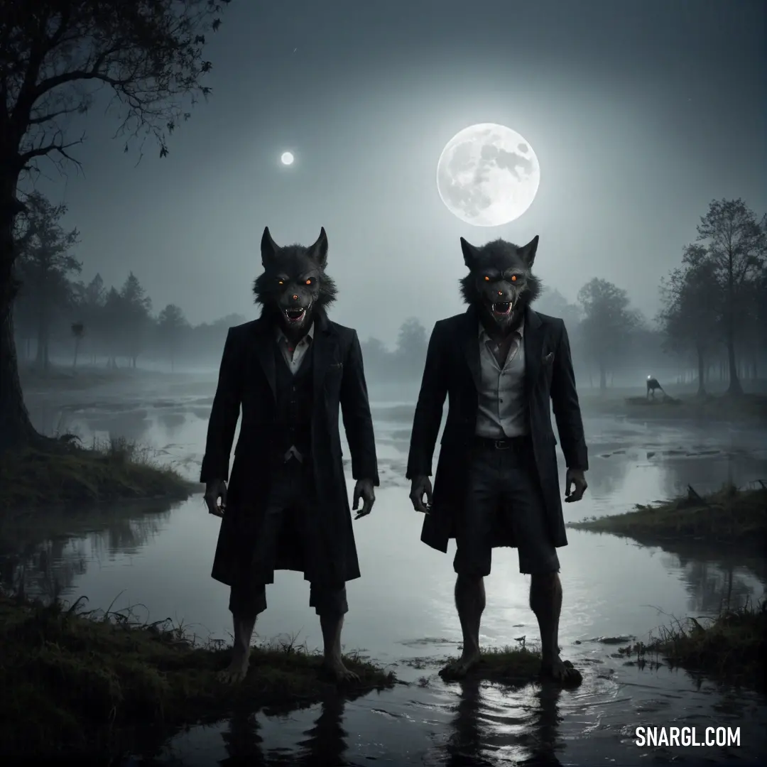 Two Werewolfs are standing in a swamp at night with a full moon in the background and a dark forest