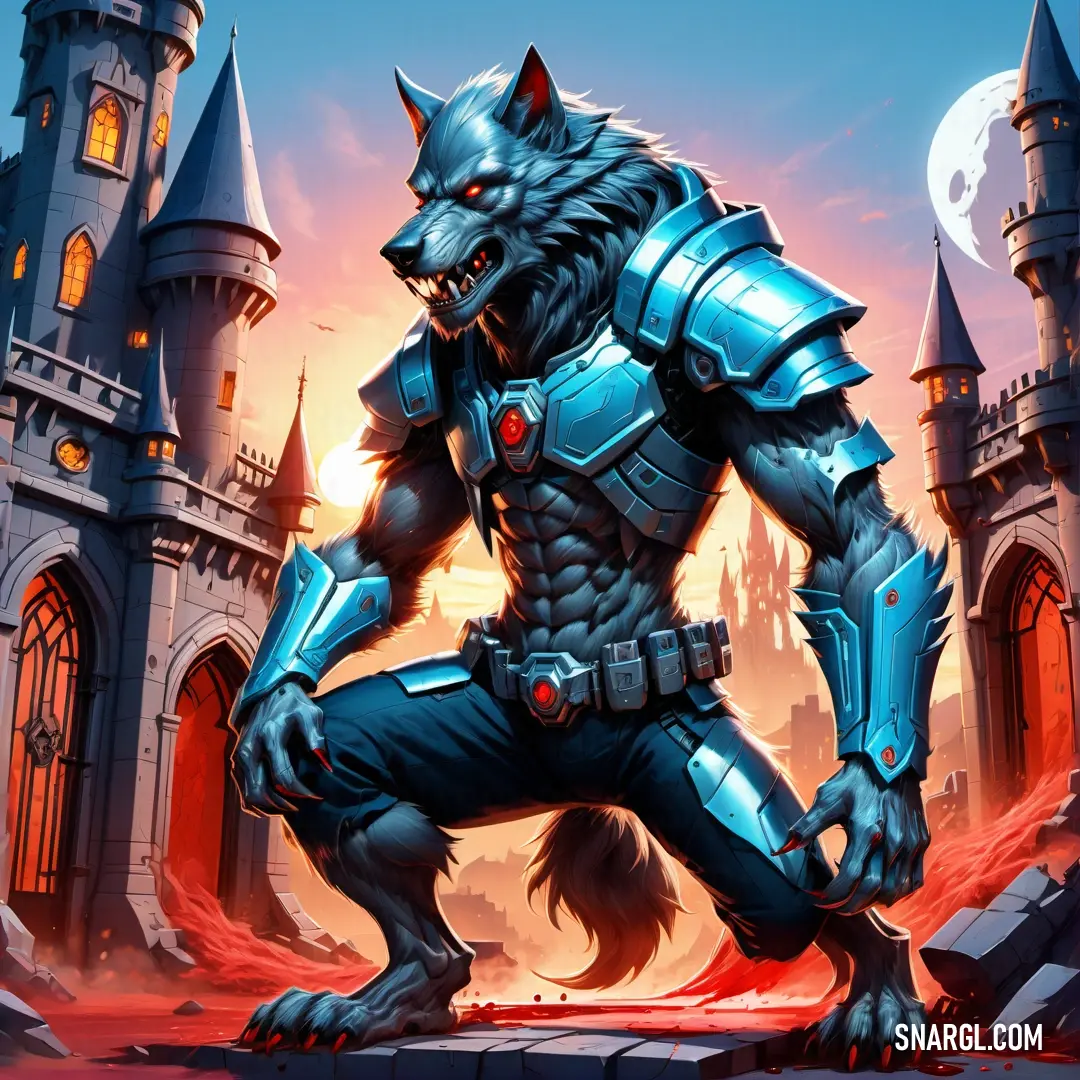 Wolf in a futuristic suit standing in front of a castle with a full moon in the background and a castle