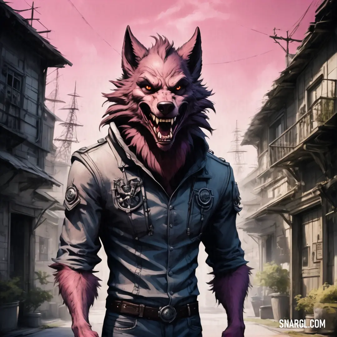 Wolf in a jacket is walking down a street with a pink sky behind him and a building with a clock on it