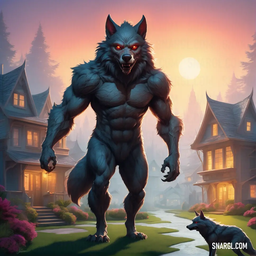 Wolf is standing in front of a house with a dog in front of it and a house