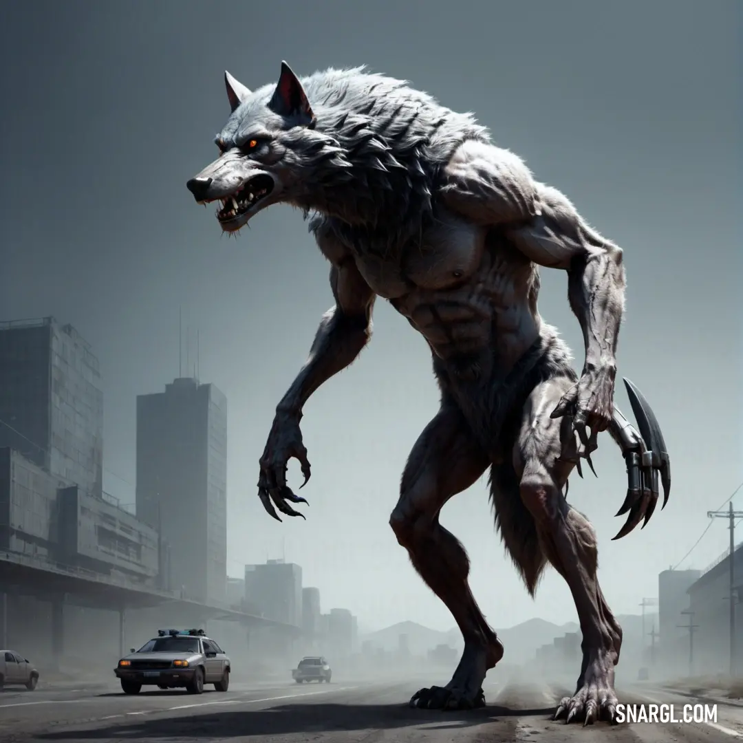 Wolf like Werewolf is walking across a street in a city with a car in the background