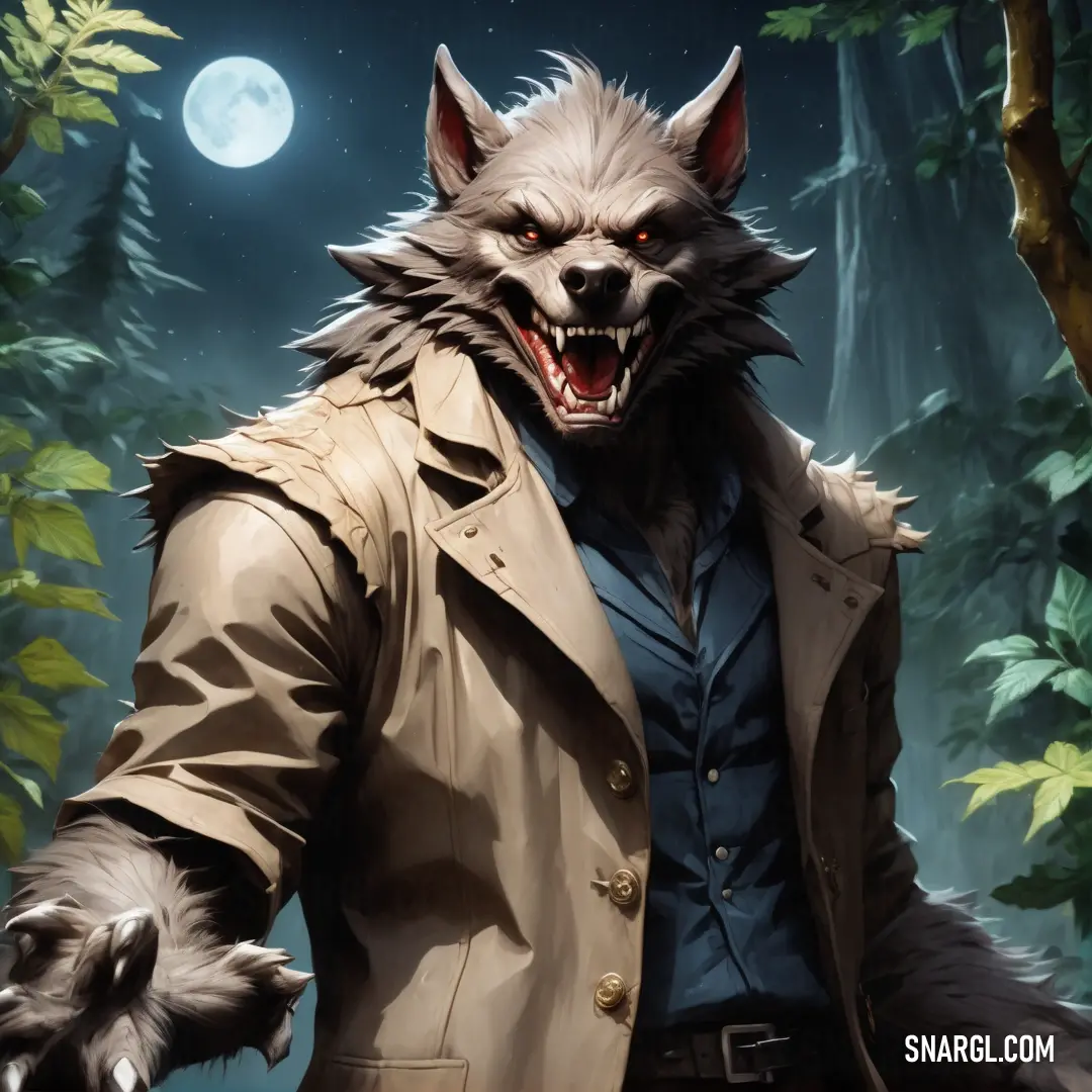 Wolf male Werewolf in a trench coat and a wolf mask holding a knife in his hand and a full moon in the background