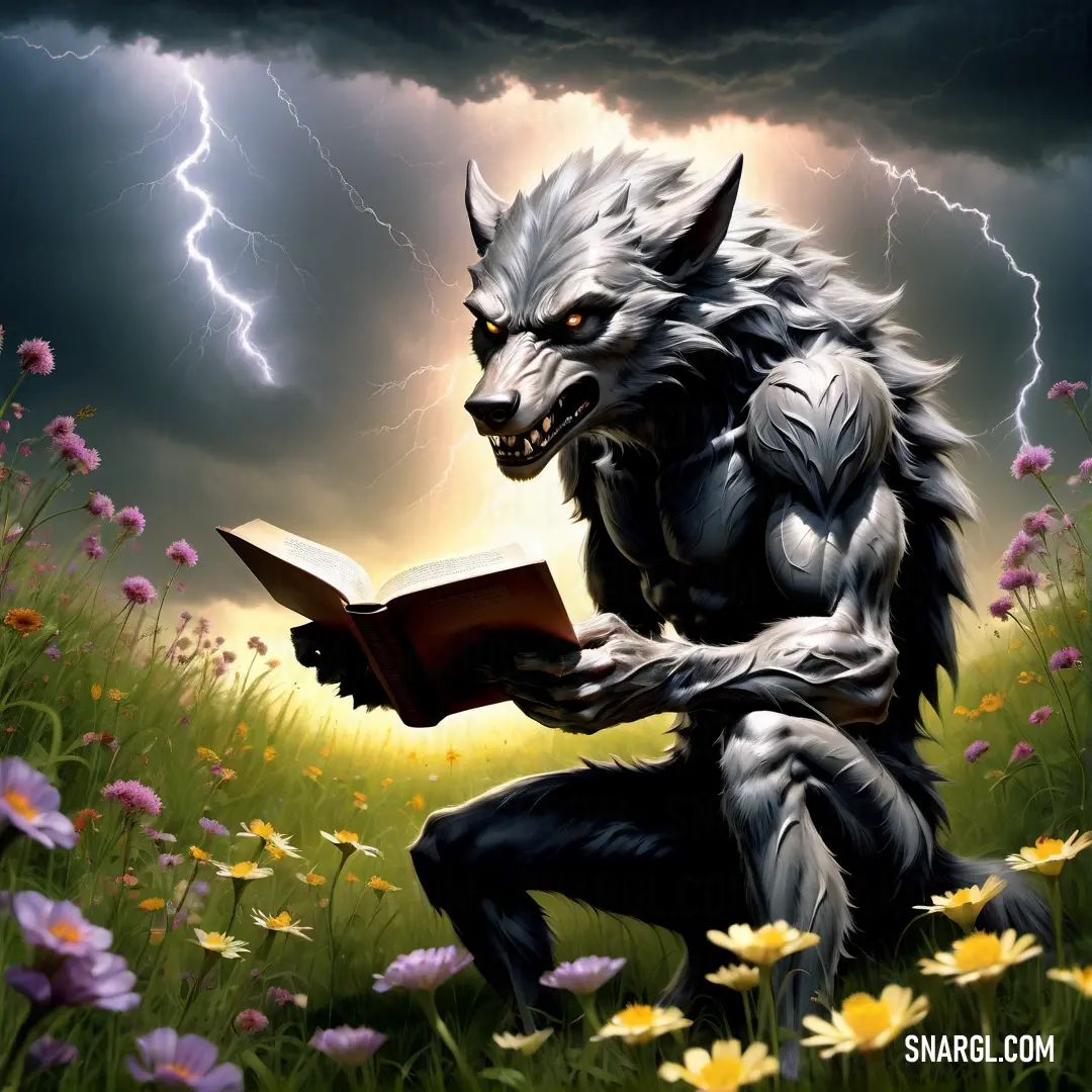 Wolf reading a book in a field of flowers under a stormy sky with lightning behind it