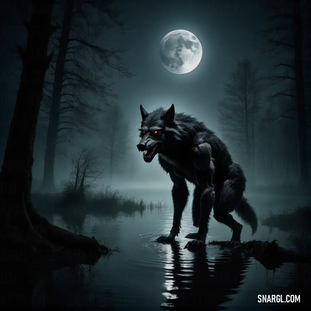 Wolf standing in the water with a full moon in the background