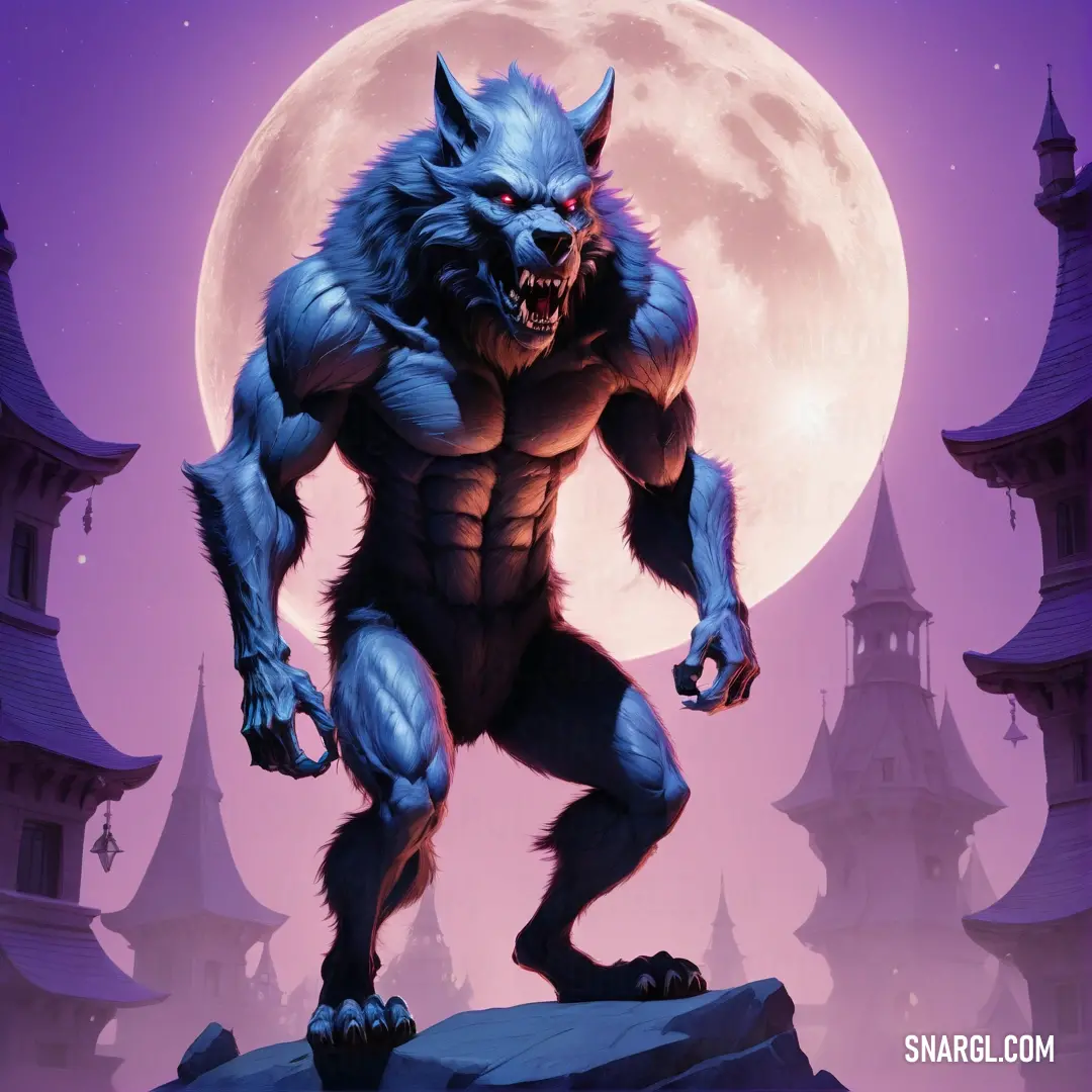 Wolf standing on a rock in front of a full moon with a castle in the background