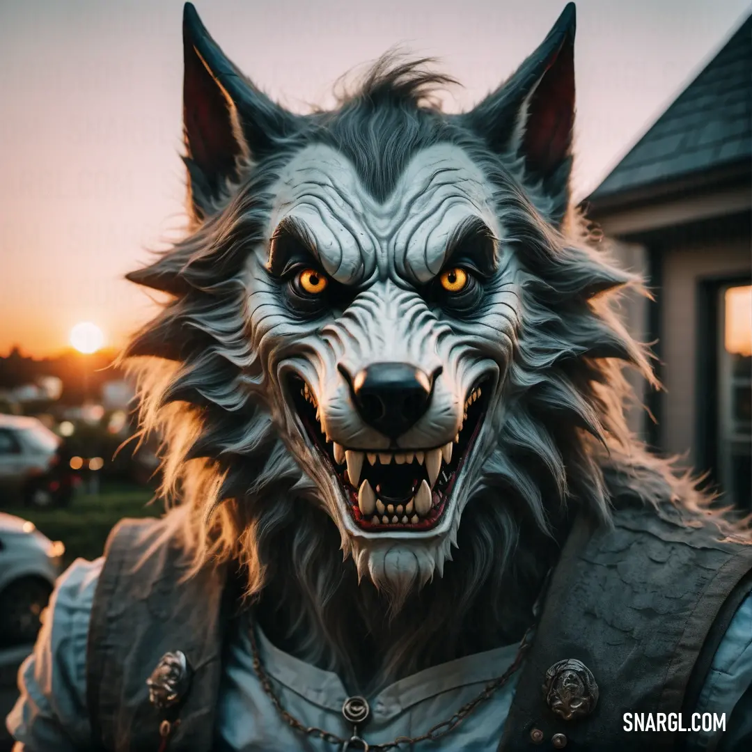 Wolf statue with a leather jacket and a helmet on it's head and a house in the background