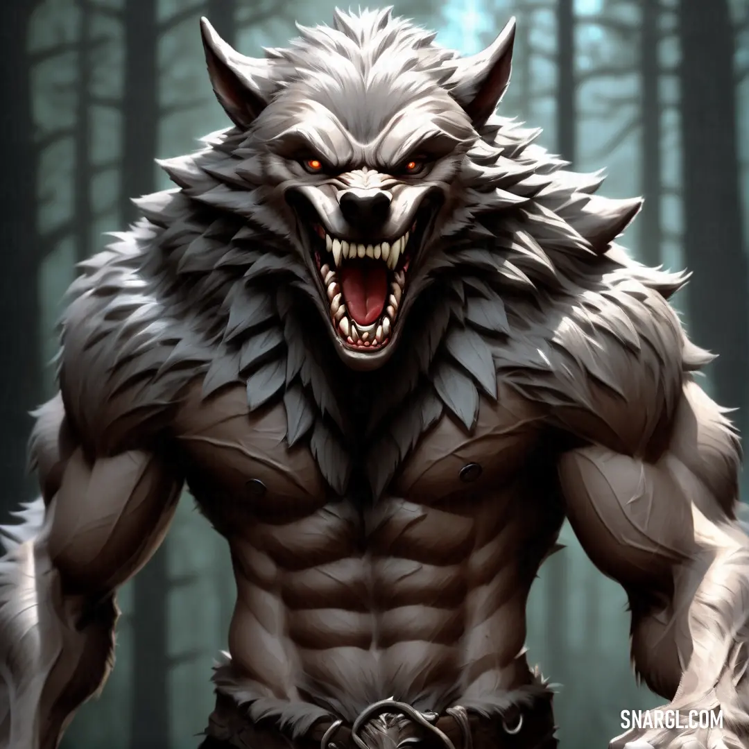 Wolf with a big grin on his face and a belt around his waist
