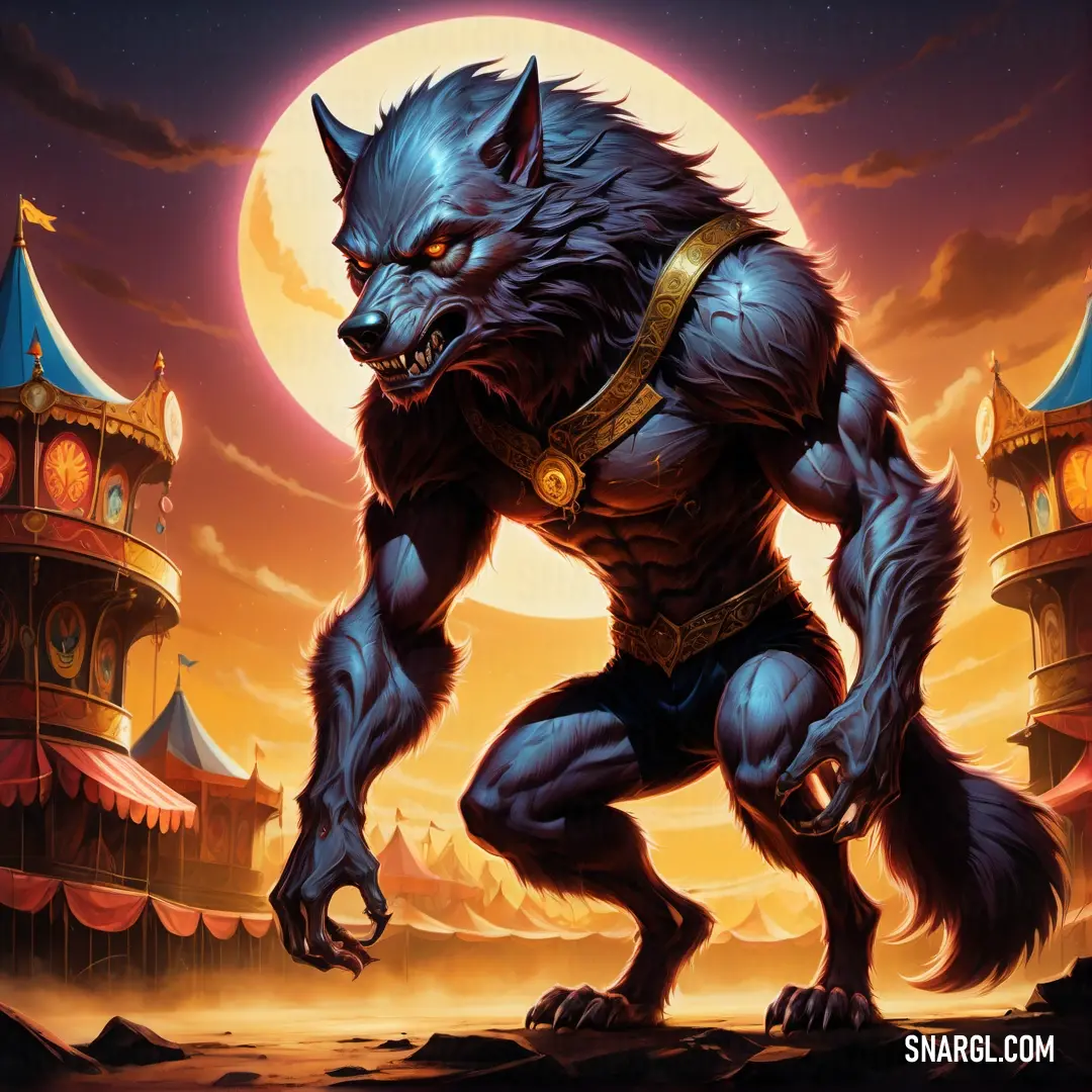 Wolf with a harness on standing in front of a full moon and castle with a clock tower in the background
