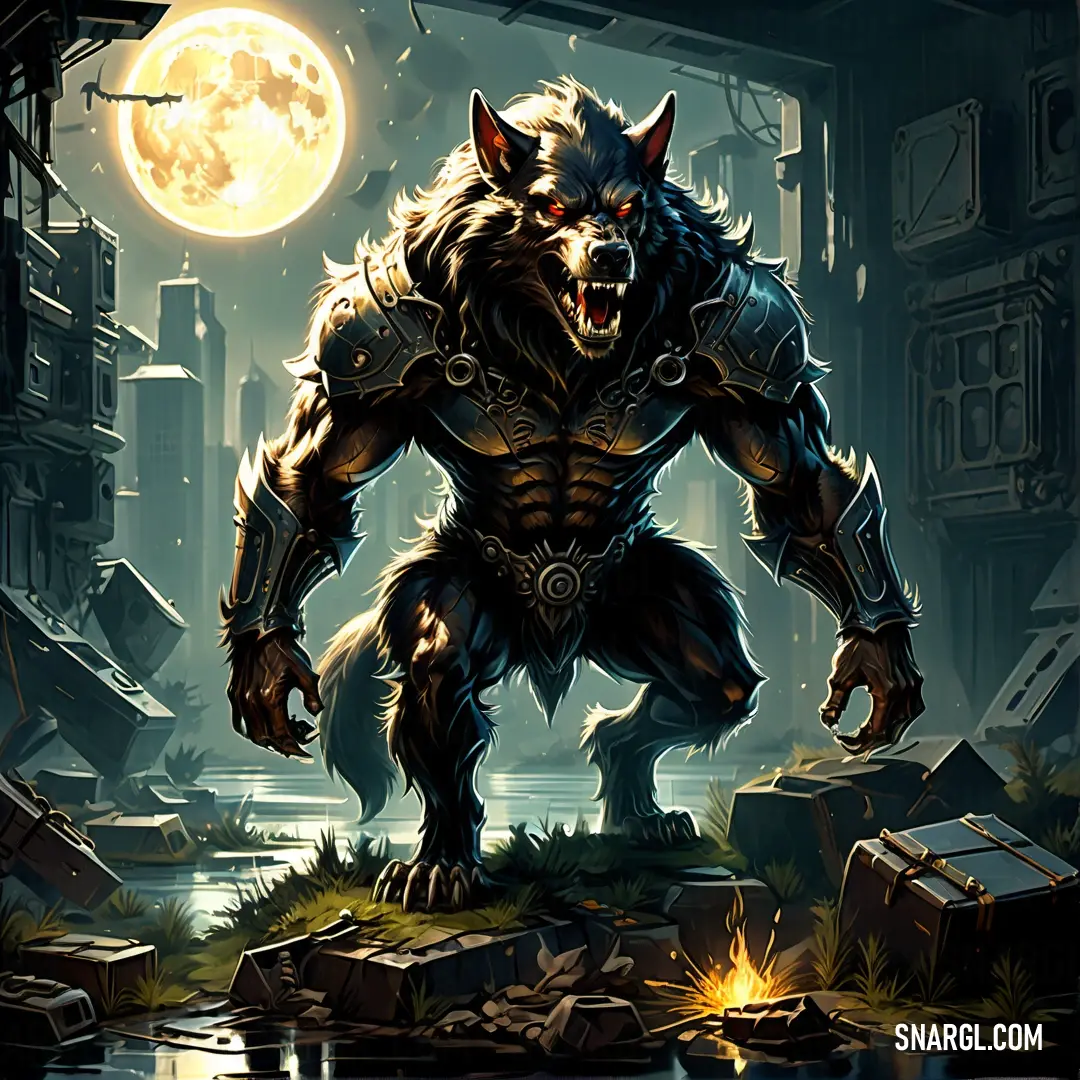 Wolf with a huge head and a massive body standing in a dark room with a full moon in the background