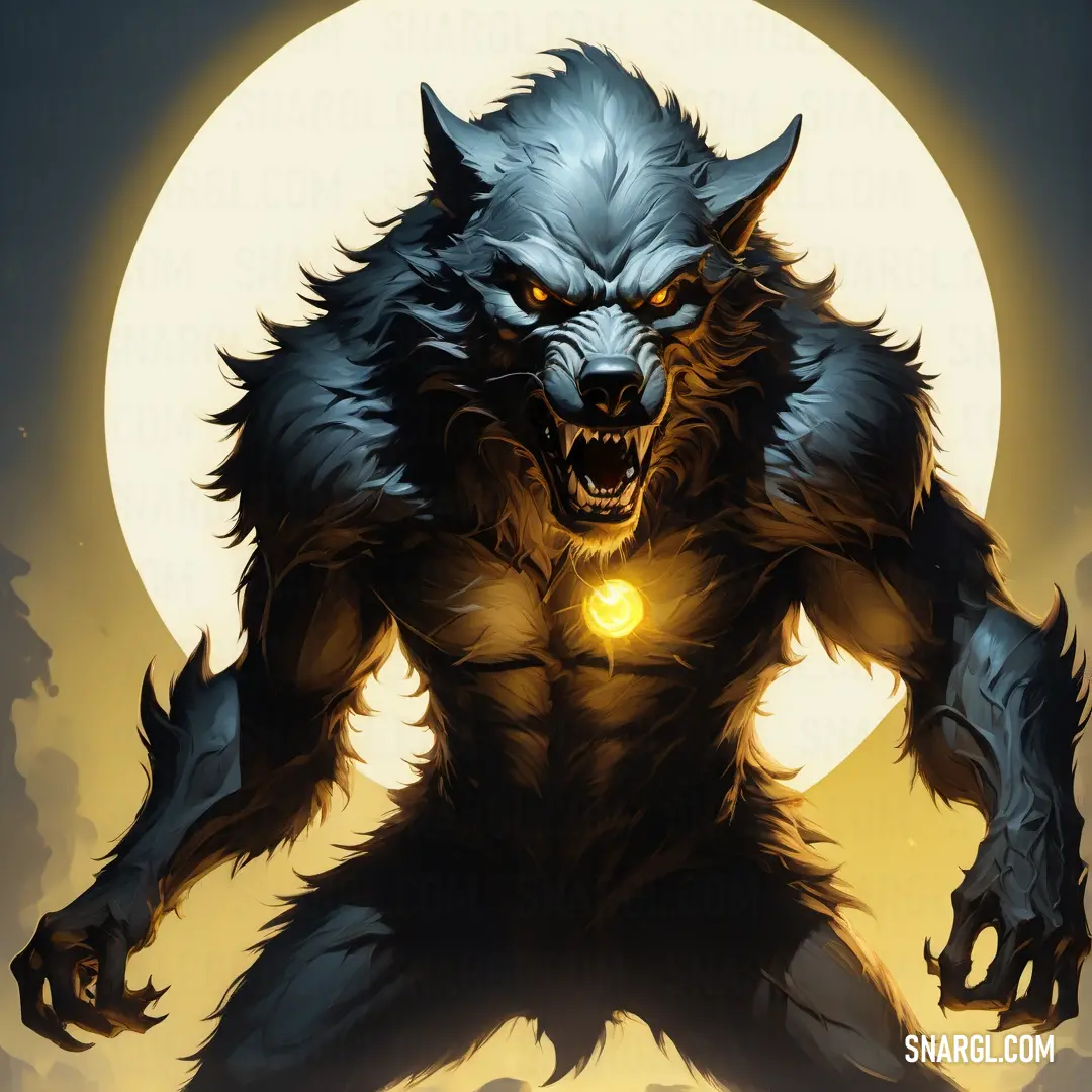 Wolf with glowing eyes and a glowing eyeball in his mouth