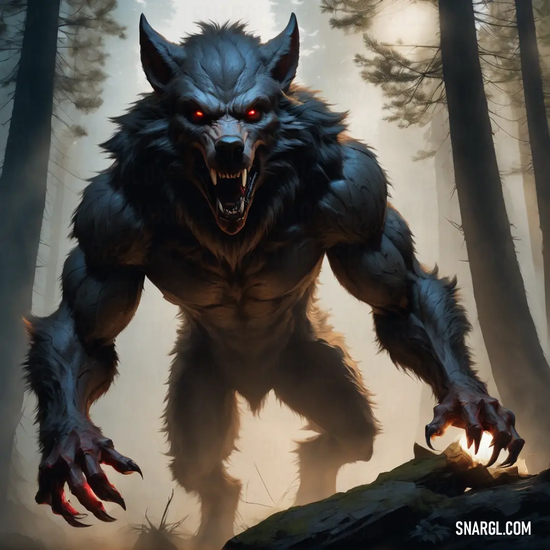 Wolf with red eyes and a Werewolf like body is in the woods with a glowing light coming from its mouth