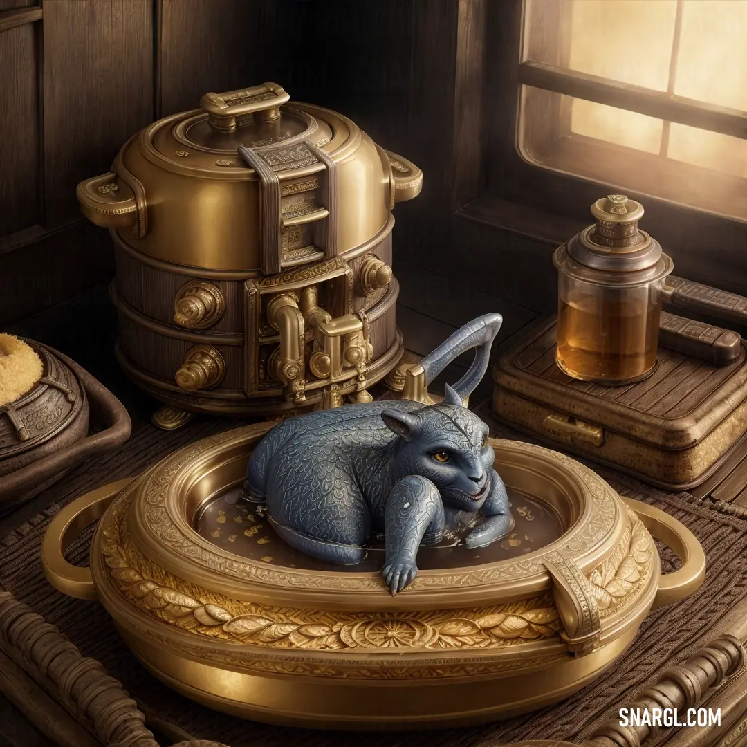Blue animal laying in a gold plate on a table next to a pot and a cookie tin with a window