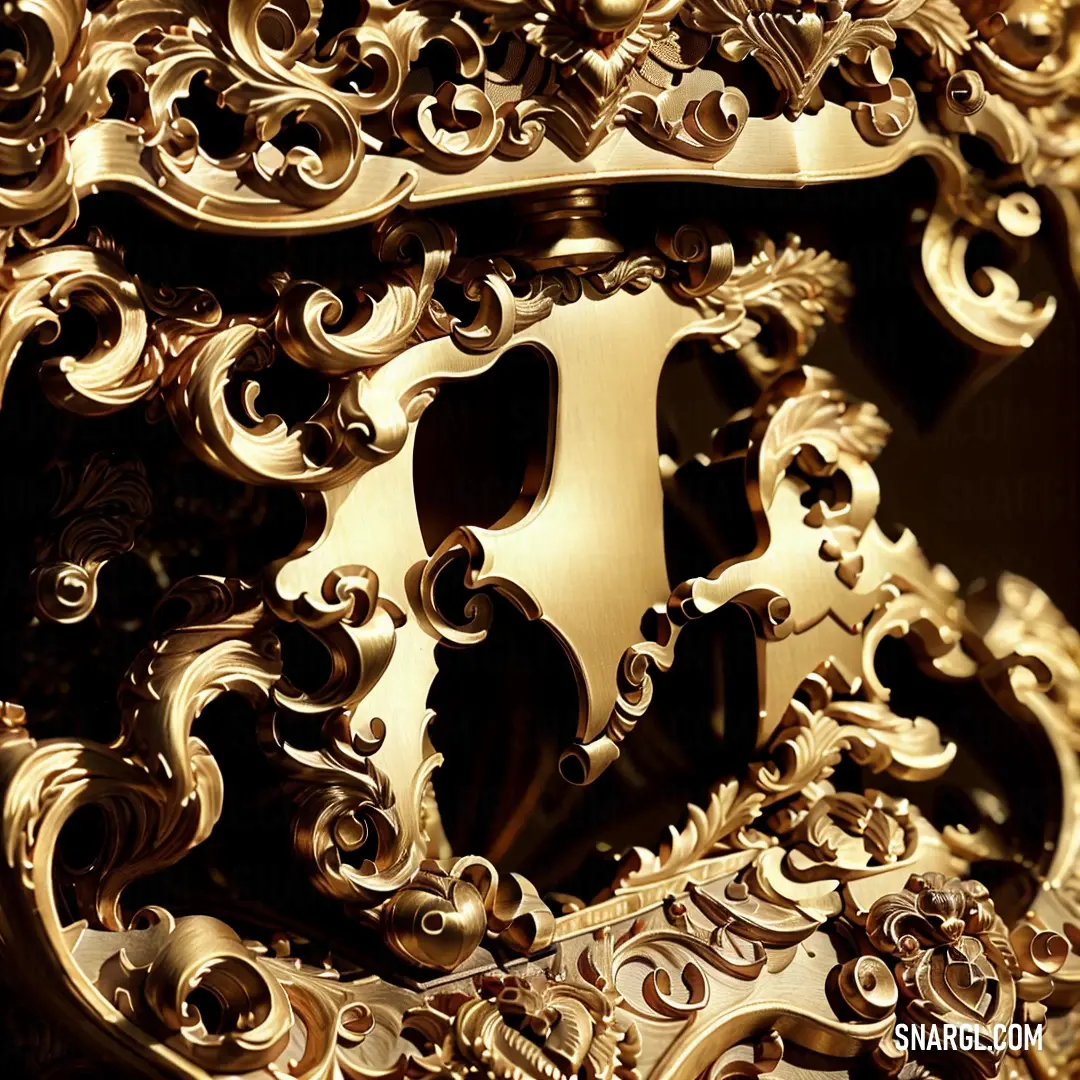 Close up of a gold clock face with intricate designs on it's face and body