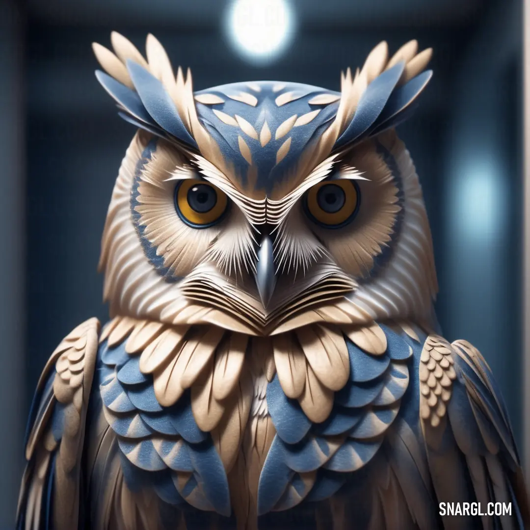 Close up of an owl statue with a light in the background